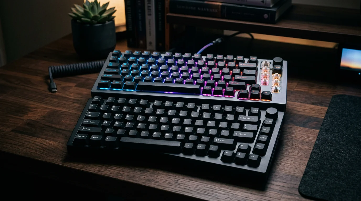 Claviers gaming empilés sur un bureau