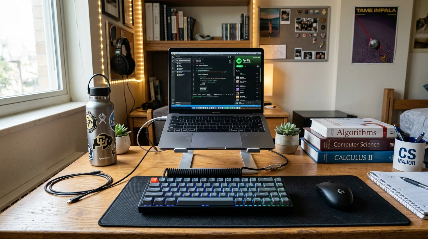 Bureau étudiant avec laptop et clavier compact